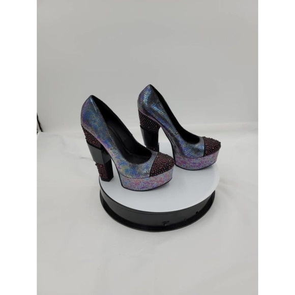 Michael Antonio Multi Metallic Snake Purple Rhinestone Platform Chunky Heels 7